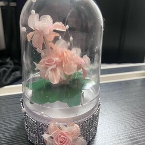 Chic Faux Floral Dome with Pink Blooms and Silver Base